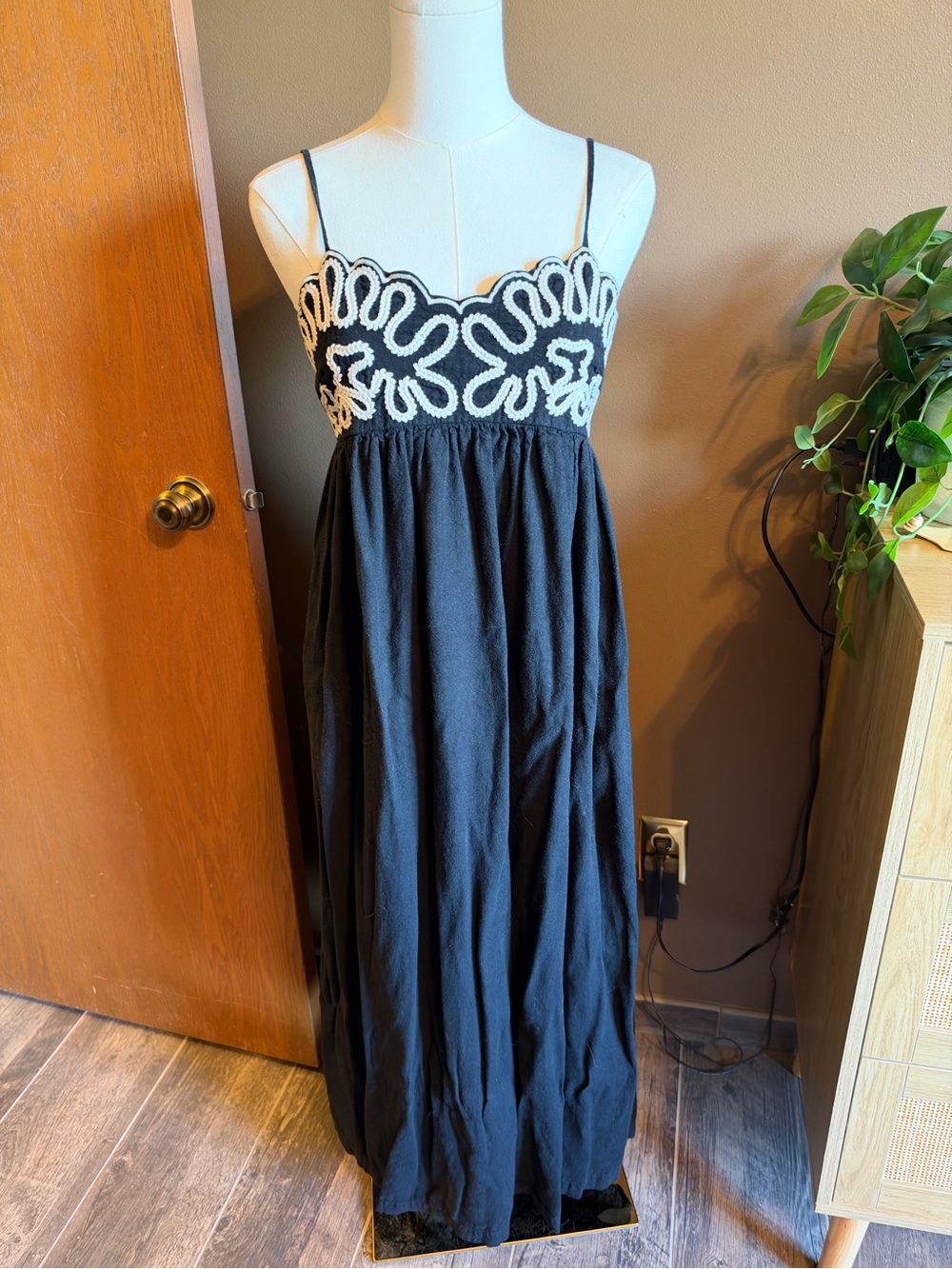 a new day Black Maxi Dress with White Embroidered Bodice Detail